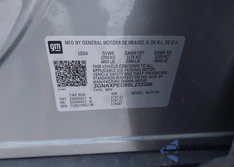 2025 Chevrolet Equinox Awd Lt из США, поврежденный, VIN 3GNAXPEG9SL233306